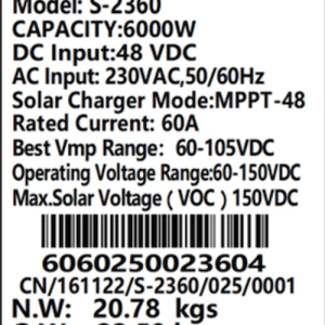 Sun Solar 6.2KVA 6KW Hybrid MPPT Inverter S-2360